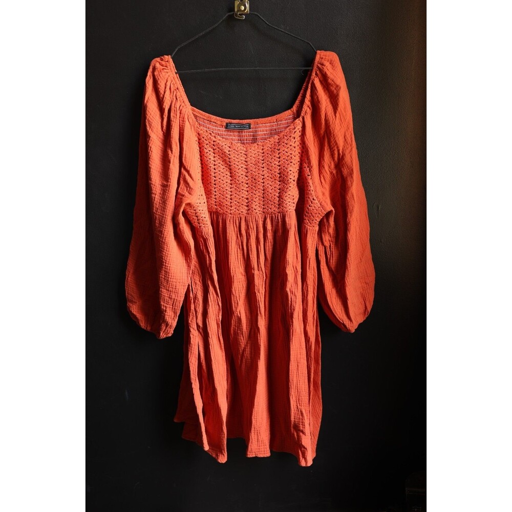 Women's Orange Fall Puff Sleeve Gauzy Midi Dress 2XL Boho Cottagecore